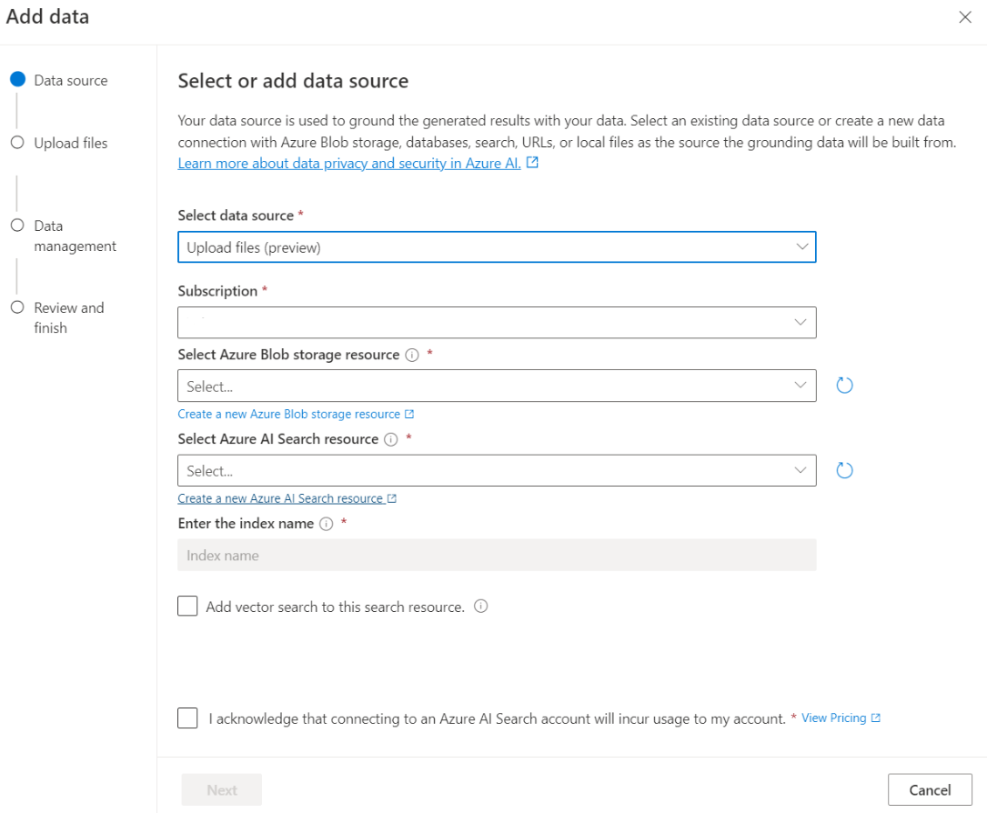 Azure OpenAI Studio のデータ ソースを選択するオプションを示すスクリーンショット。