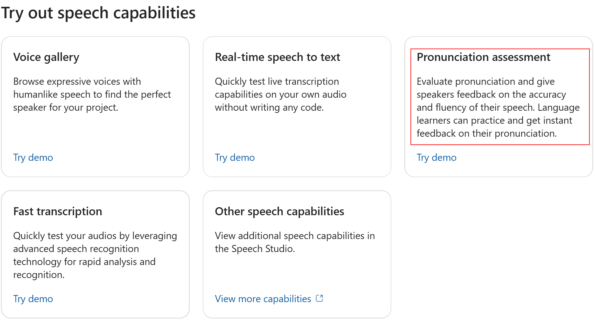 Microsoft Foundry の発音評価に移動する方法のスクリーンショット。