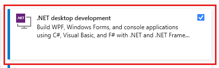 .NET デスクトップ開発の有効化を示すスクリーンショット。