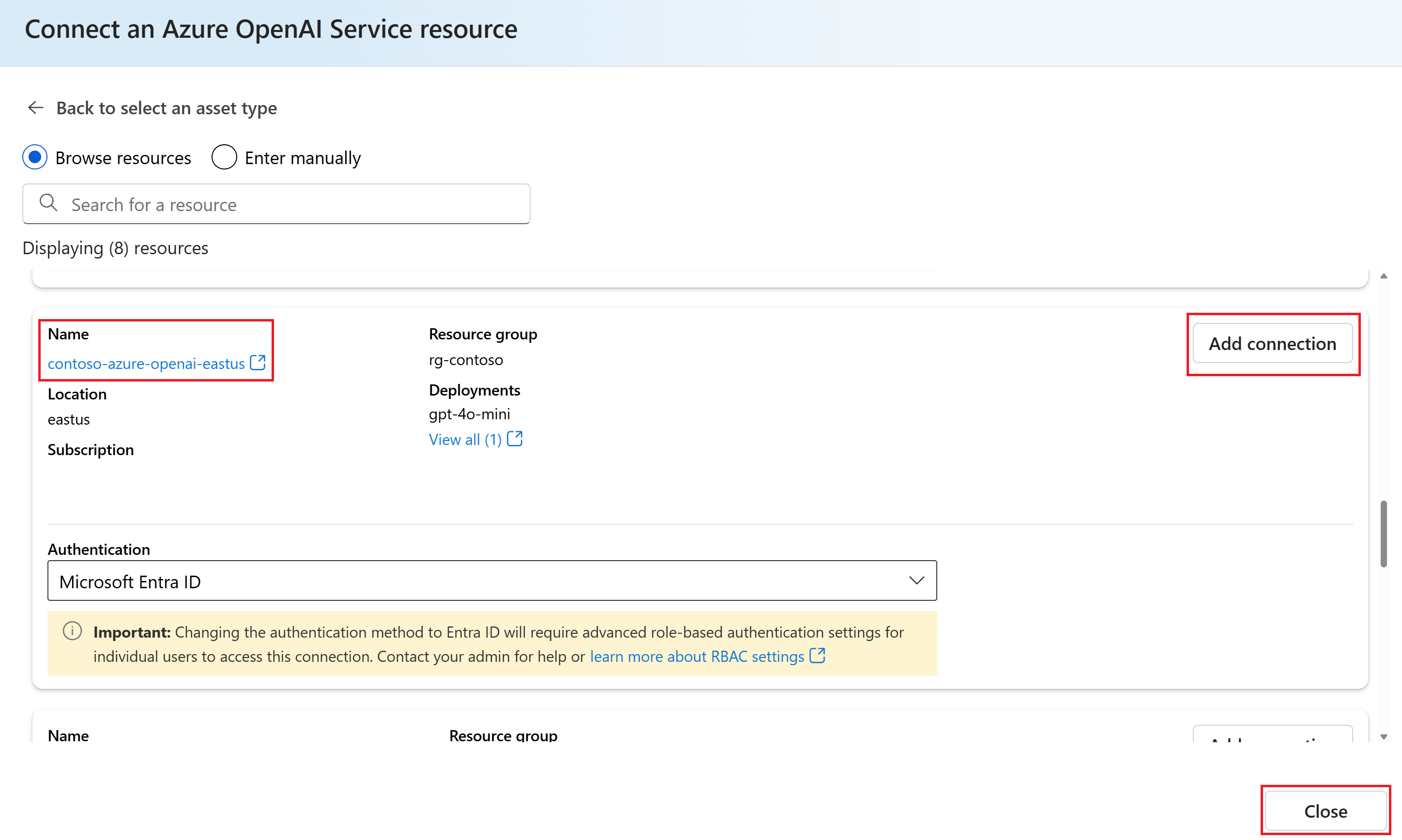 プロジェクトに接続する Azure AI サービス リソースを選択するページのスクリーンショット。