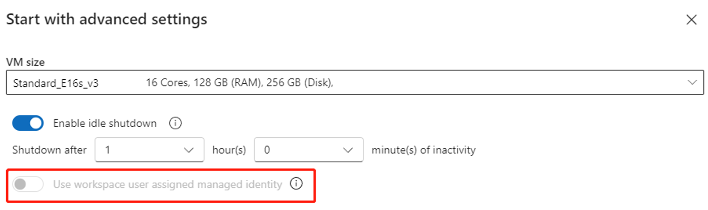ワークスペースのユーザー割り当てマネージド ID を使用するトグルを示すスクリーンショット。