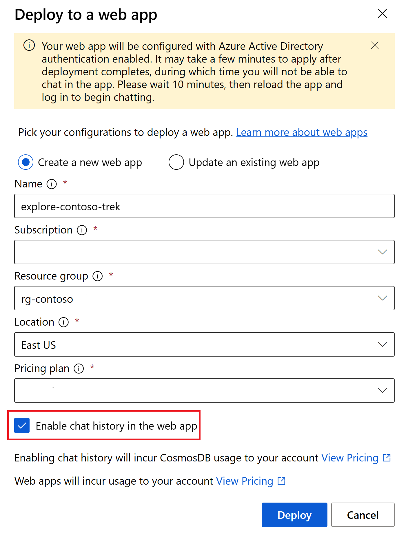Web アプリをデプロイ中にチャット履歴を有効にするオプションのスクリーンショット。