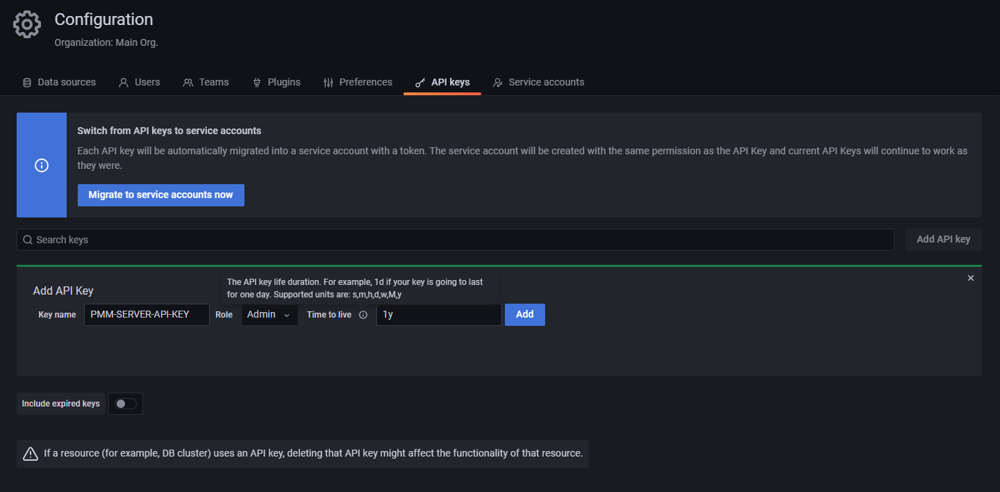 生成された API キーを含む PMM MongoDB ダッシュボードを示す Web ページのスクリーンショット。
