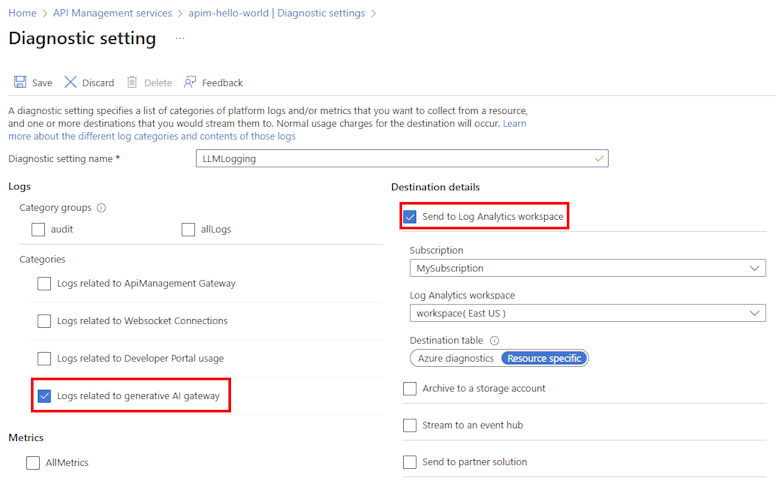 ポータルでの AI ゲートウェイ ログの診断設定のスクリーンショット。