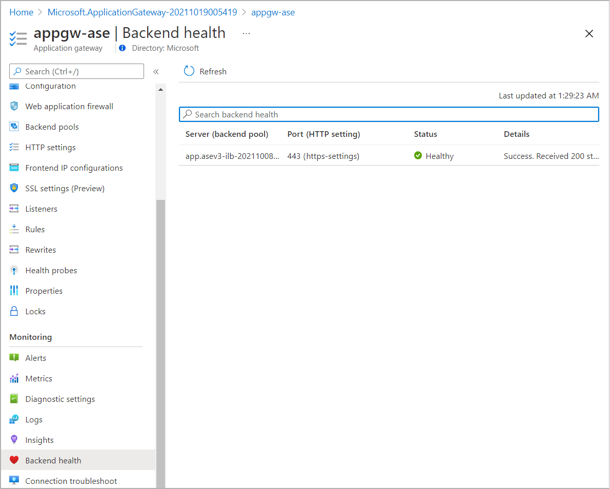 Screenshot of confirm the backend health status from backend health.