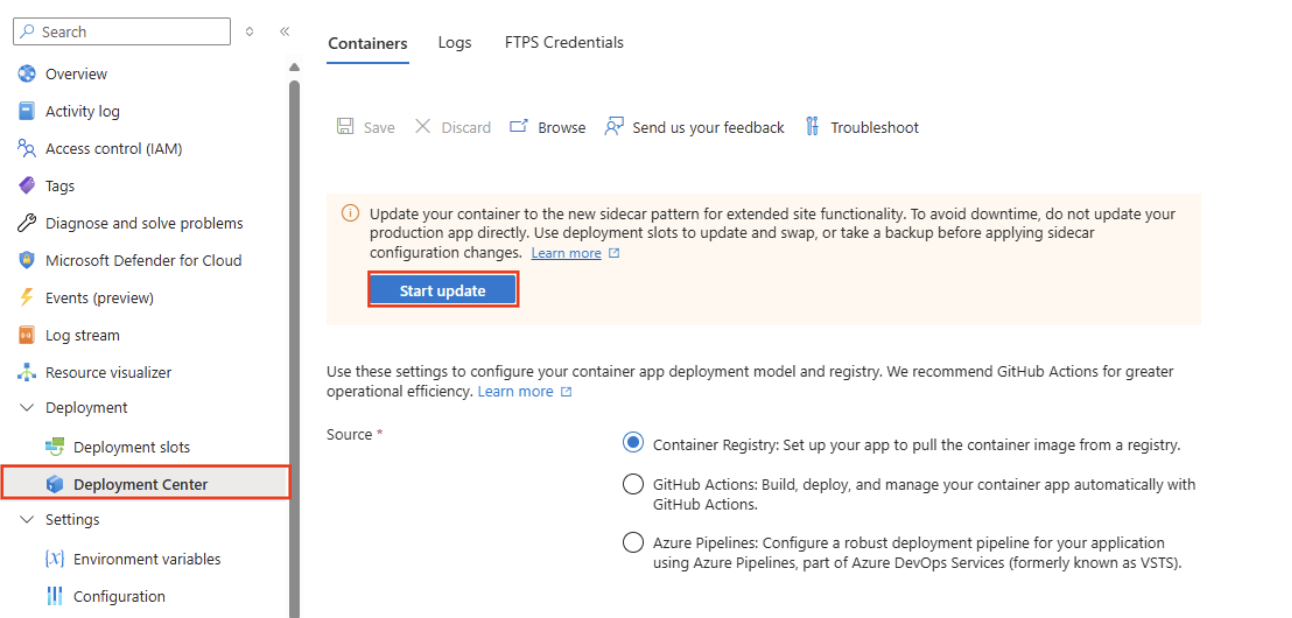 [更新の開始] ボタンが強調表示されているカスタム コンテナー アプリのコンテナー設定を示すスクリーンショット。
