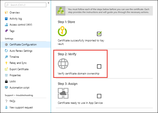 Screenshot of 'Certificate Configuration' pane with 'Step 2: Verify' selected.