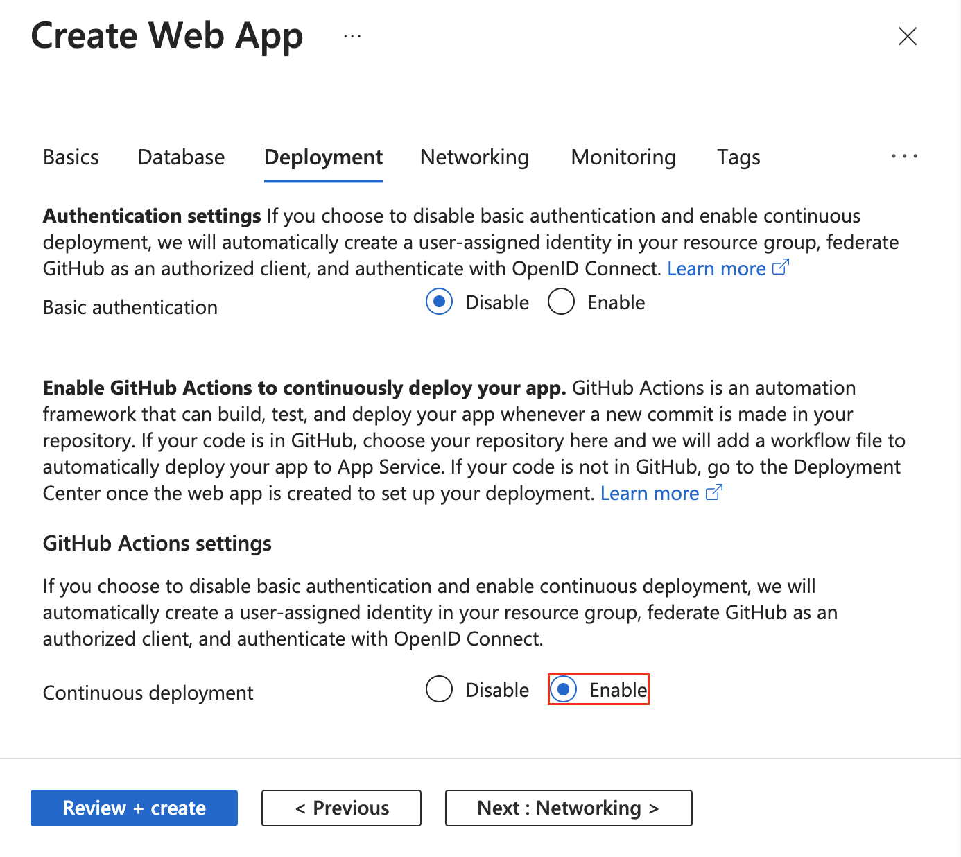 App Service 作成ウィザードで GitHub Actions のデプロイを有効にする方法を示すスクリーンショット。