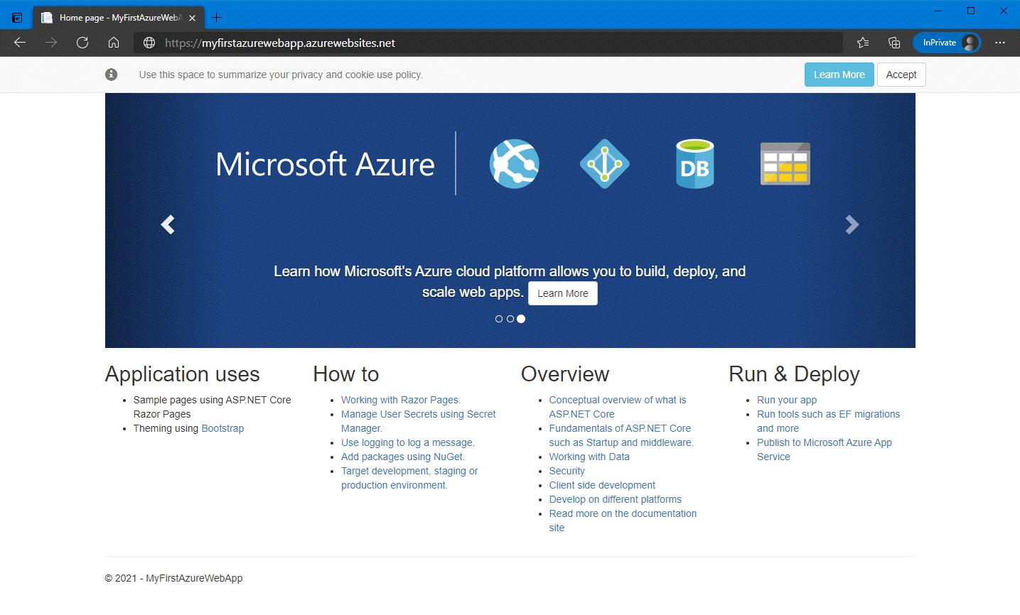 CLI - Azure での ASP.NET Framework 4.8 Web アプリのスクリーンショット。
