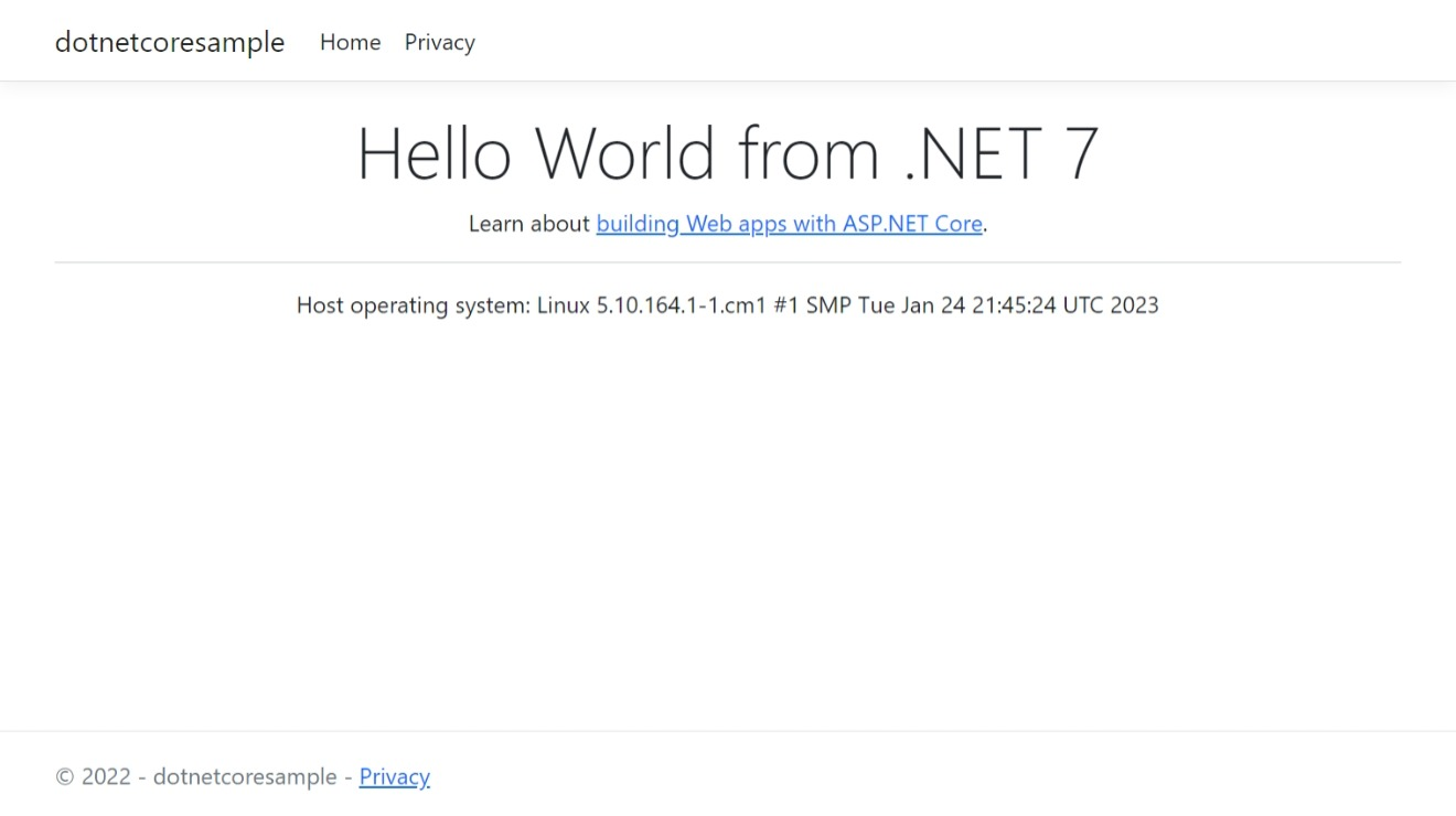 デプロイ済みの .NET 7.0 サンプル アプリのスクリーンショット。