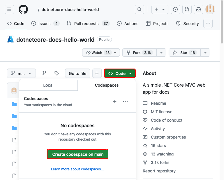 フォークされた dotnetcore-docs-hello-world GitHub リポジトリに codespace を作成する方法を示すスクリーンショット。