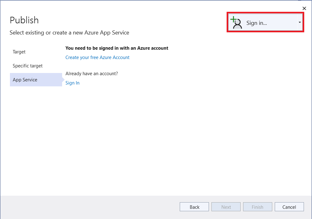 Visual Studio - Azure へのサインインを選択するためのダイアログのスクリーンショット。