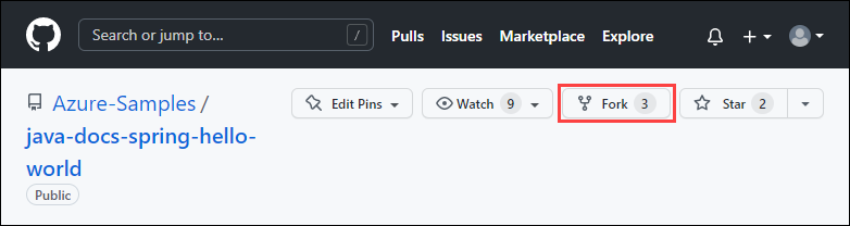 GitHub の Azure-Samples/java-docs-spring-hello-world リポジトリのスクリーンショット。[Fork] オプションが強調表示されている。