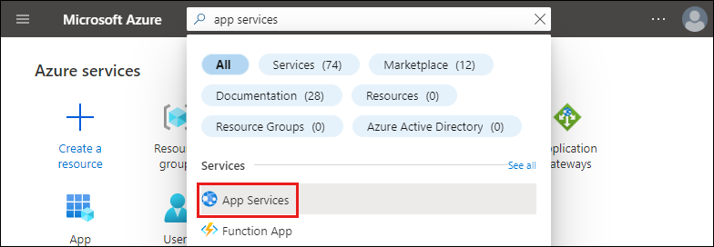 Azure portal の検索ボックスに「app services」と入力したスクリーンショット。結果部分で、[サービス] の下の [App Services] オプションが強調表示されている。