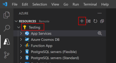 Azure Tools 拡張機能の [App Service] セクションと、新しい Web アプリを作成するために使用するコンテキスト メニューを示すスクリーンショット。
