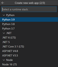 A screenshot of the dialog box in VS Code used to select the runtime stack for the new web app.