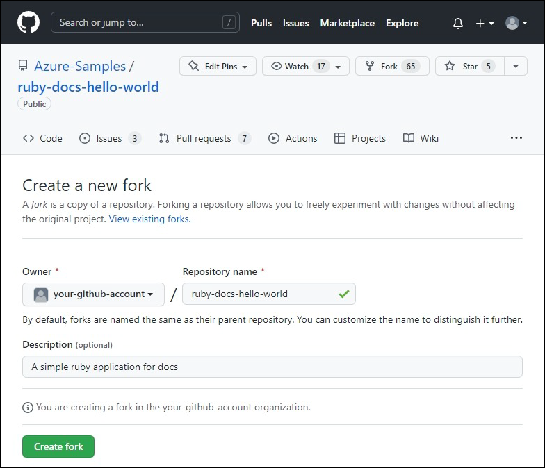 GitHub のフォーク新規作成ページのスクリーンショット。Azure-Samples/ruby-docs-hello-world の新しいフォークを作成する。