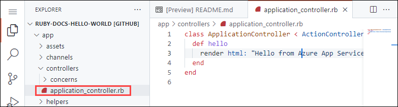ブラウザーでの Visual Studio Code のスクリーンショット。[エクスプローラー] ペインで app/controllers/application_controller.rb が強調表示されている。
