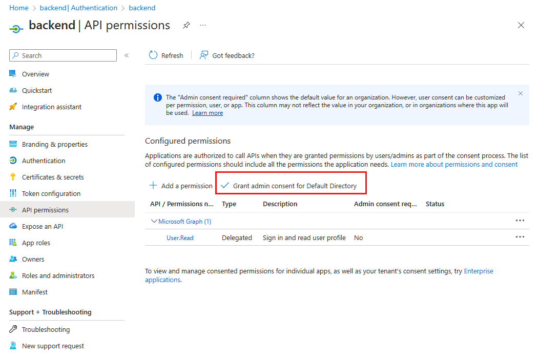 Screenshot of Azure portal authentication app with admin consent button highlighted.