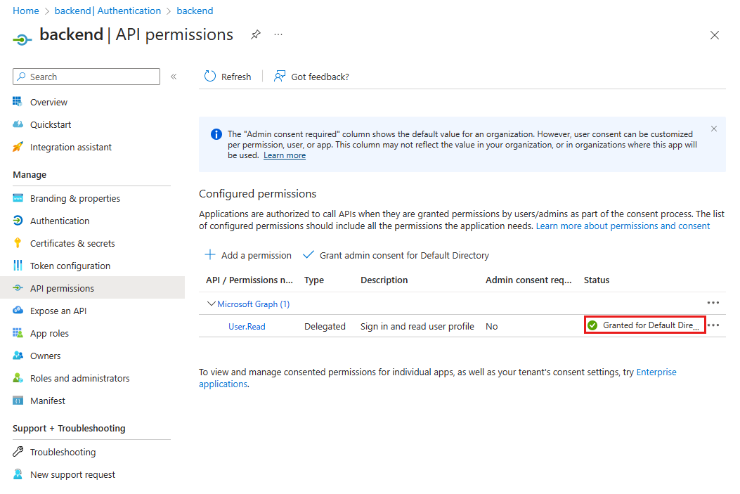 Screenshot of Azure portal authentication app with admin consent granted in status column.