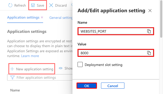 A screenshot showing how to set the WEBSITES_PORT app setting.