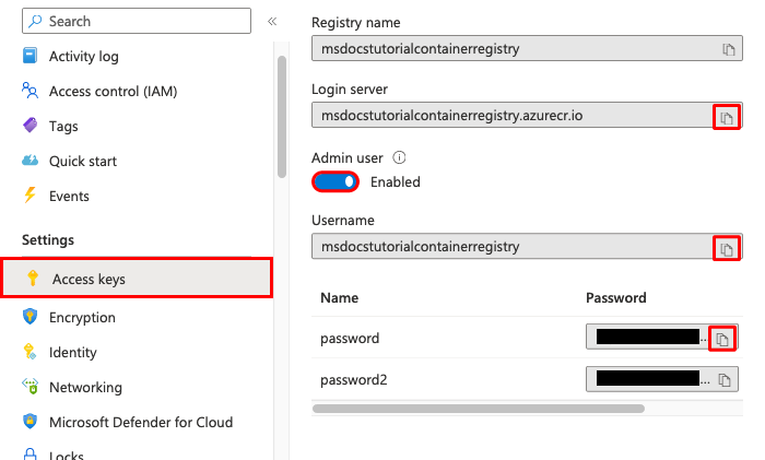 A screenshot showing how to enable administrative credentials for a container registry.