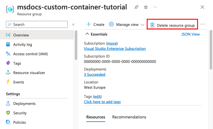 A screenshot showing the location of the Delete Resource Group button in the Azure portal.