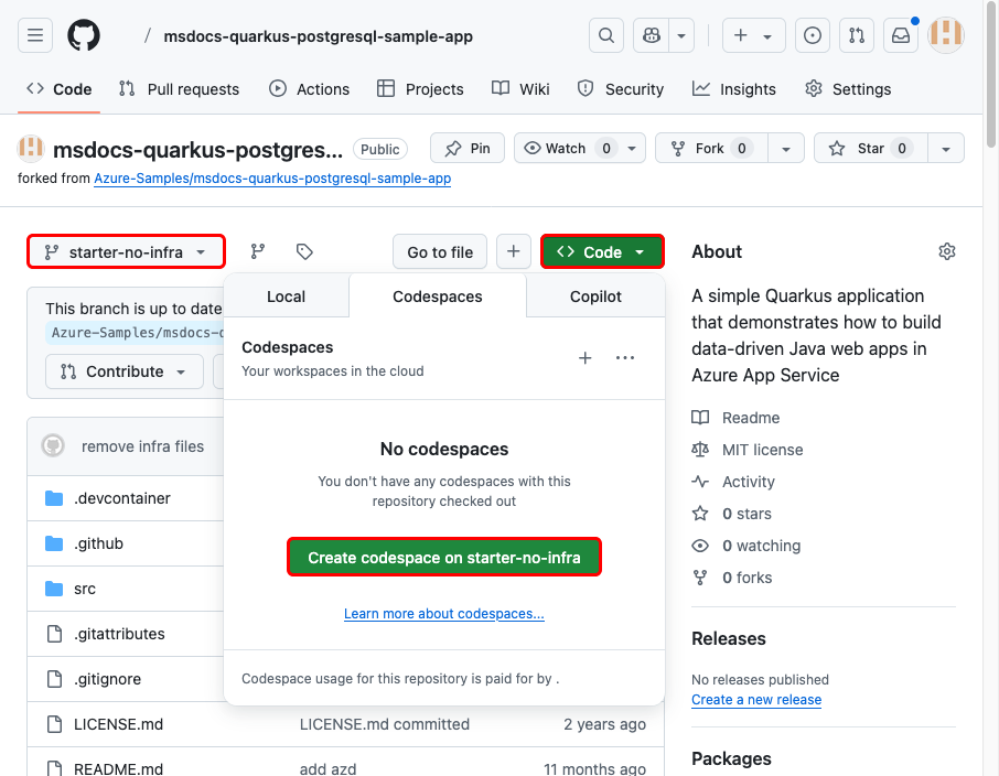 A screenshot showing how create a codespace in GitHub.