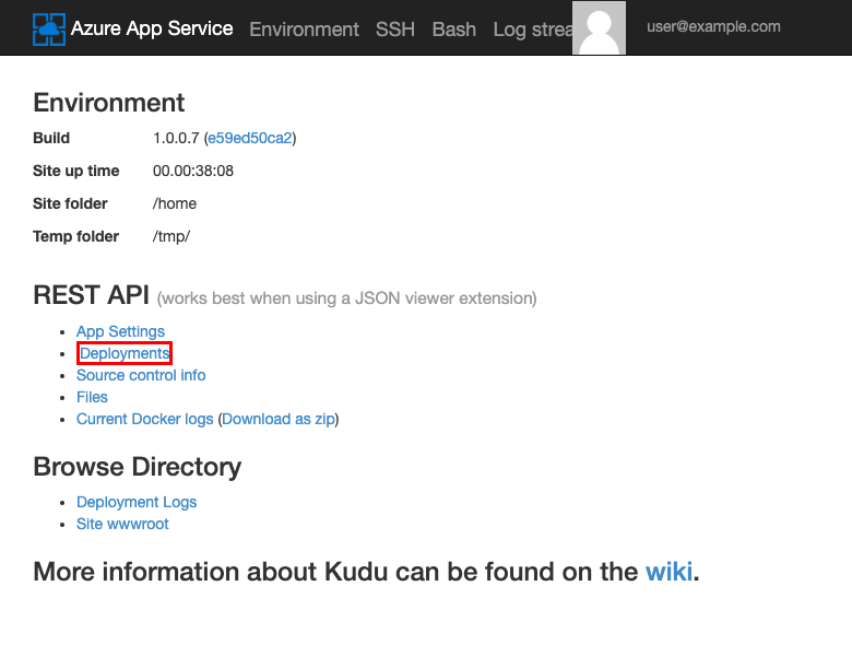 ホスティング環境に関するさまざまな情報が表示されている Kudu SCM アプリのメイン ページのスクリーンショット。