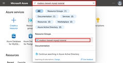 Azure portal でリソース グループを検索し、そこに移動する方法を示すスクリーンショット。