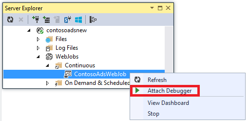 ドロップダウン メニューで ContosoAdsWebJob が選択され、[デバッガーの接続] が選択されたサーバー エクスプローラーのスクリーンショット。