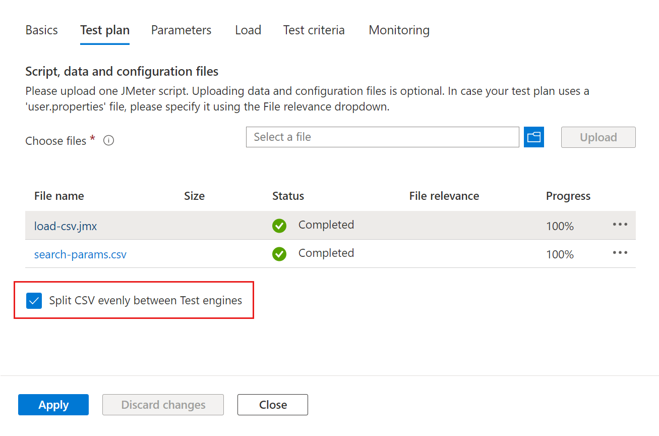 Azure portal でテストを構成するときに、入力 C S V ファイルの分割を有効にするチェック ボックスを示すスクリーンショット。