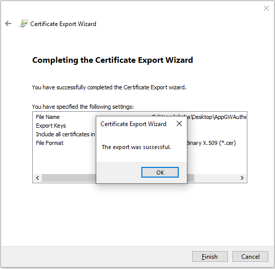 Screenshot shows the Certificate Export Wizard with a success message.