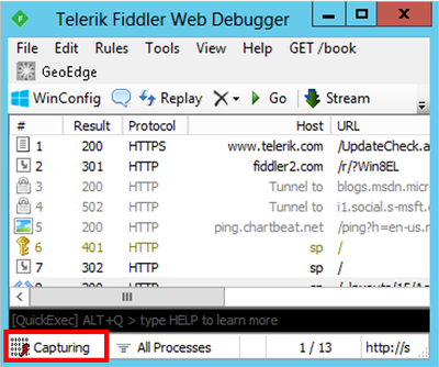 Fiddler Web Debugger のスクリーンショット。[キャプチャ] インジケーターが強調表示されています。