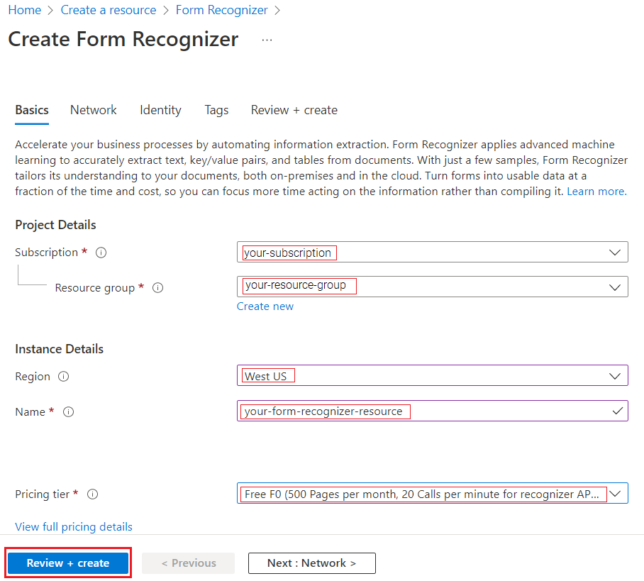 Form Recognizer リソースを作成するための正しい値を示す静止画像。