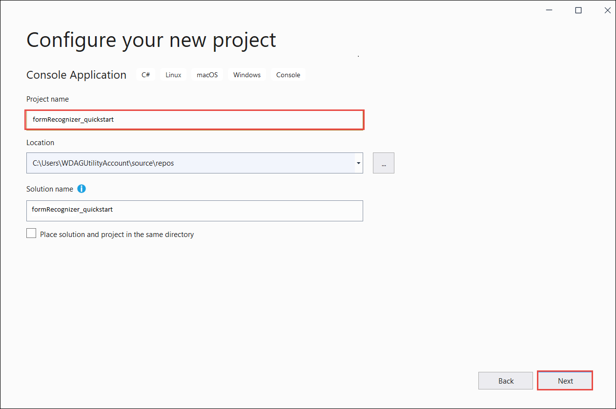Visual Studio の [新しいプロジェクトの構成] ダイアログ ウィンドウのスクリーンショット。