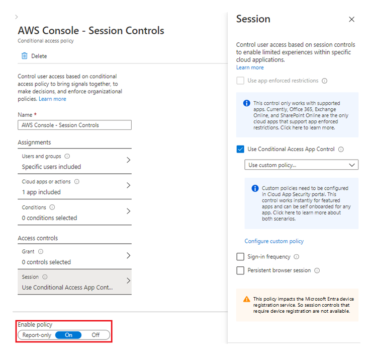 Screenshot of the AWS Console - Session Controls page with settings configured as described in the article and the Enable policy section called out.