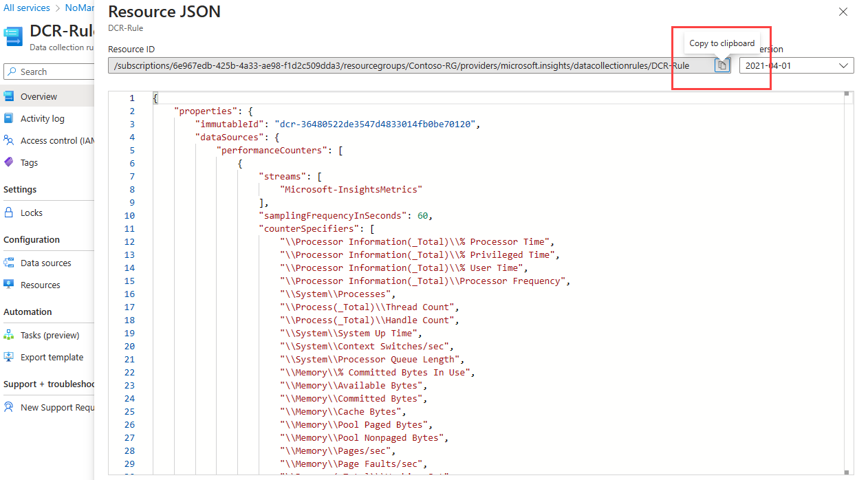 [リソース JSON] ウィンドウのスクリーンショット。データ収集ルールの JSON コードが示され、リソース ID のコピー ボタンが強調表示されています。