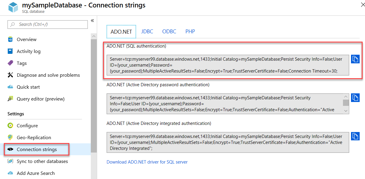 Azure portal での Azure SQL Database 接続文字列のコピーのスクリーンショット。