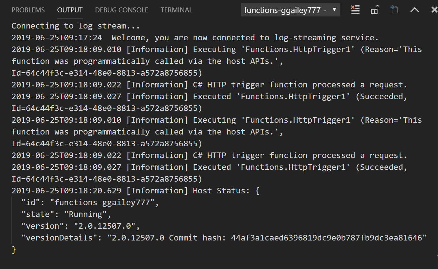 HTTP トリガーのストリーミング ログ出力を示すスクリーンショット。