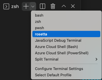 Screenshot of starting a new Rosetta terminal in Visual Studio Code.