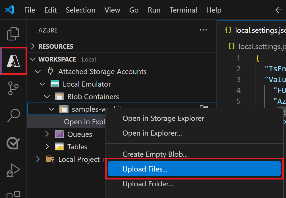 Visual Studio Code のローカル エミュレーションの samples-workitems コンテナーで [ファイルのアップロード] を選ぶ方法を示すスクリーンショット。