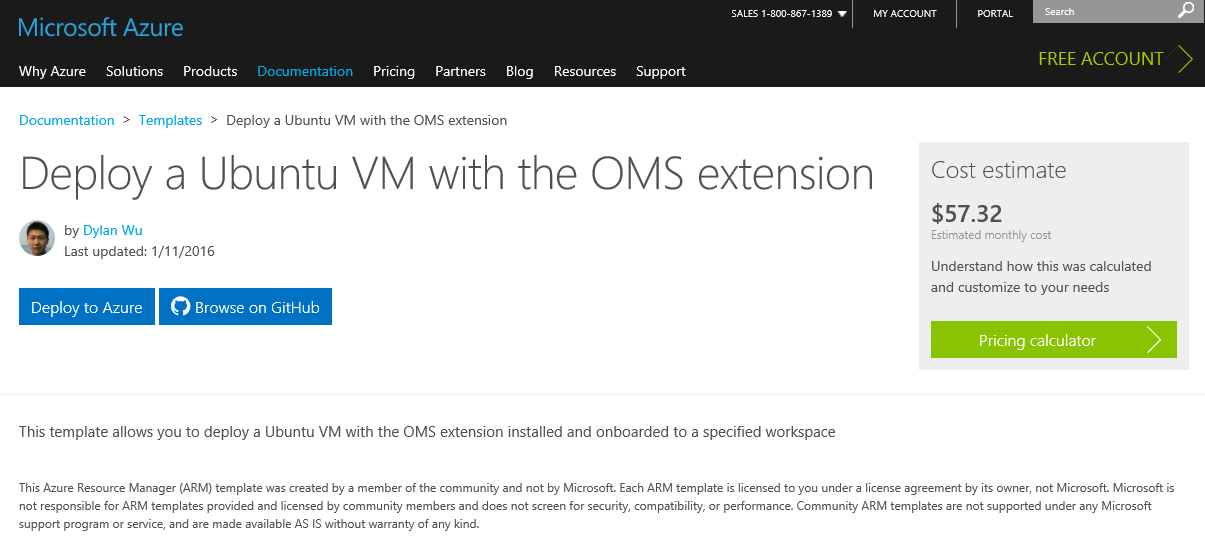 Screenshot shows Deploy a Ubuntu VM with the OMS extension template.