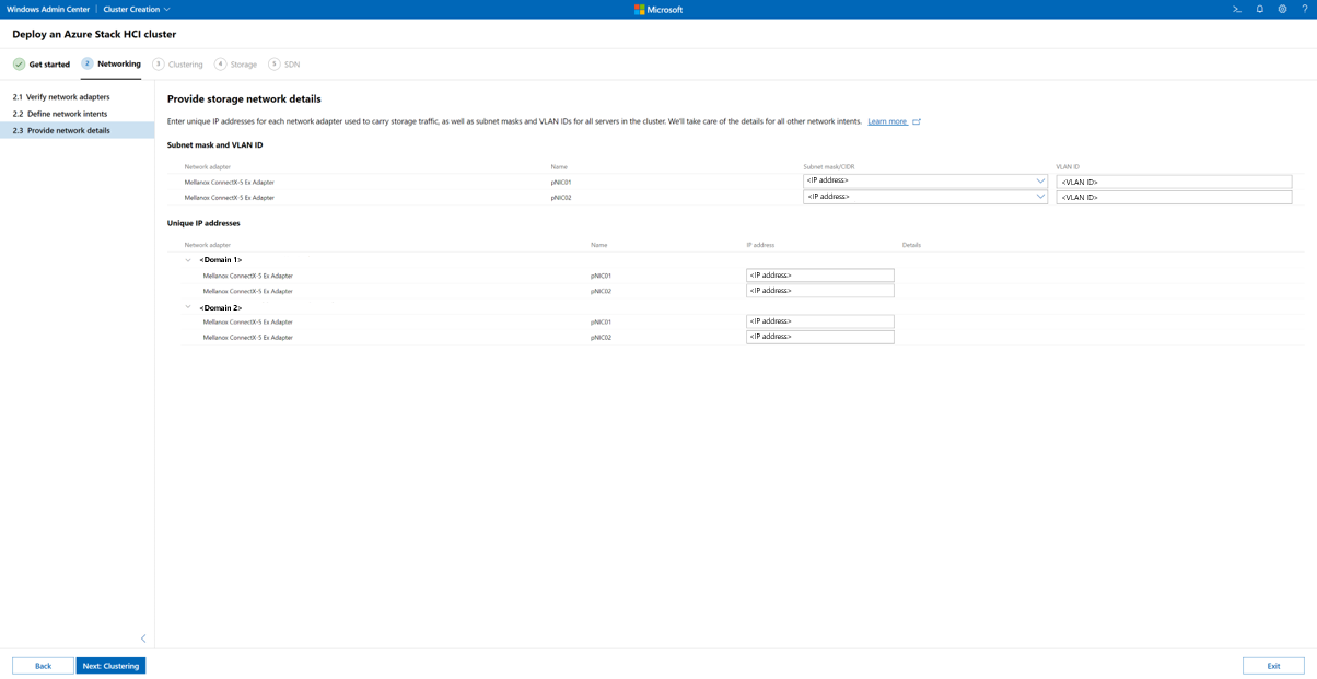 クラスターの作成ウィザード - ネットワークの詳細を指定する