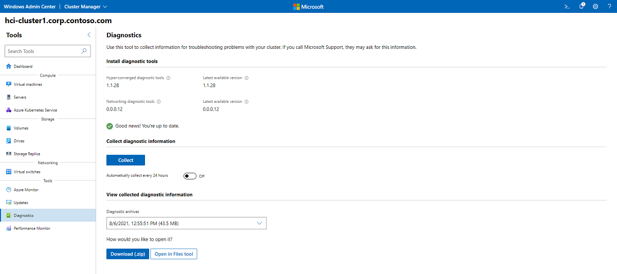 診断情報を表示するには、.zip ファイルをダウンロードするか、ファイル ツールで開くことができます。