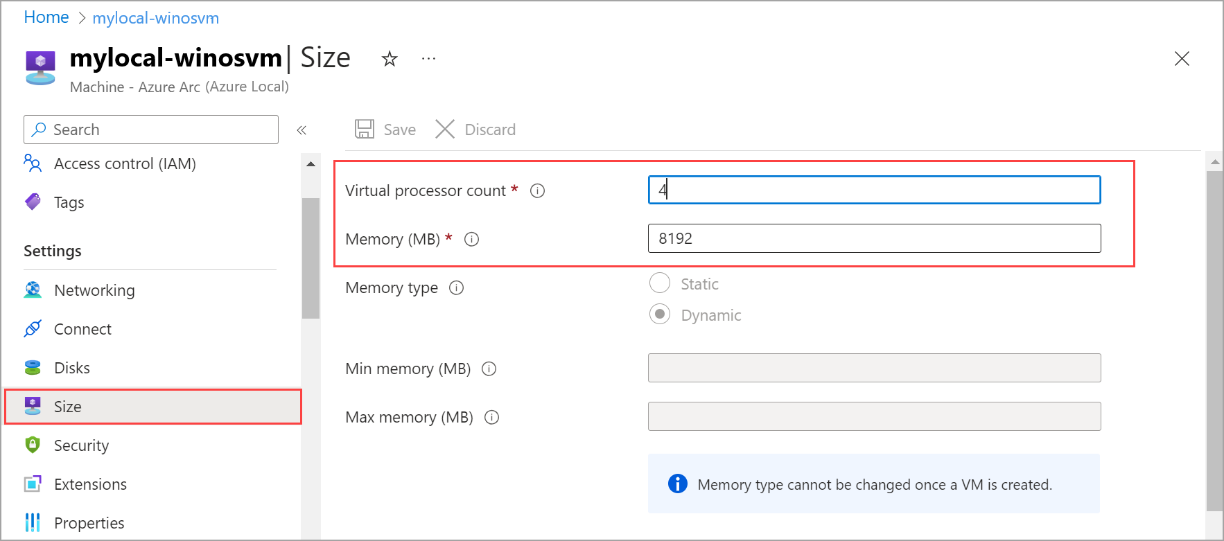 VM のコアとメモリ サイズを変更するためのウィンドウのスクリーンショット。