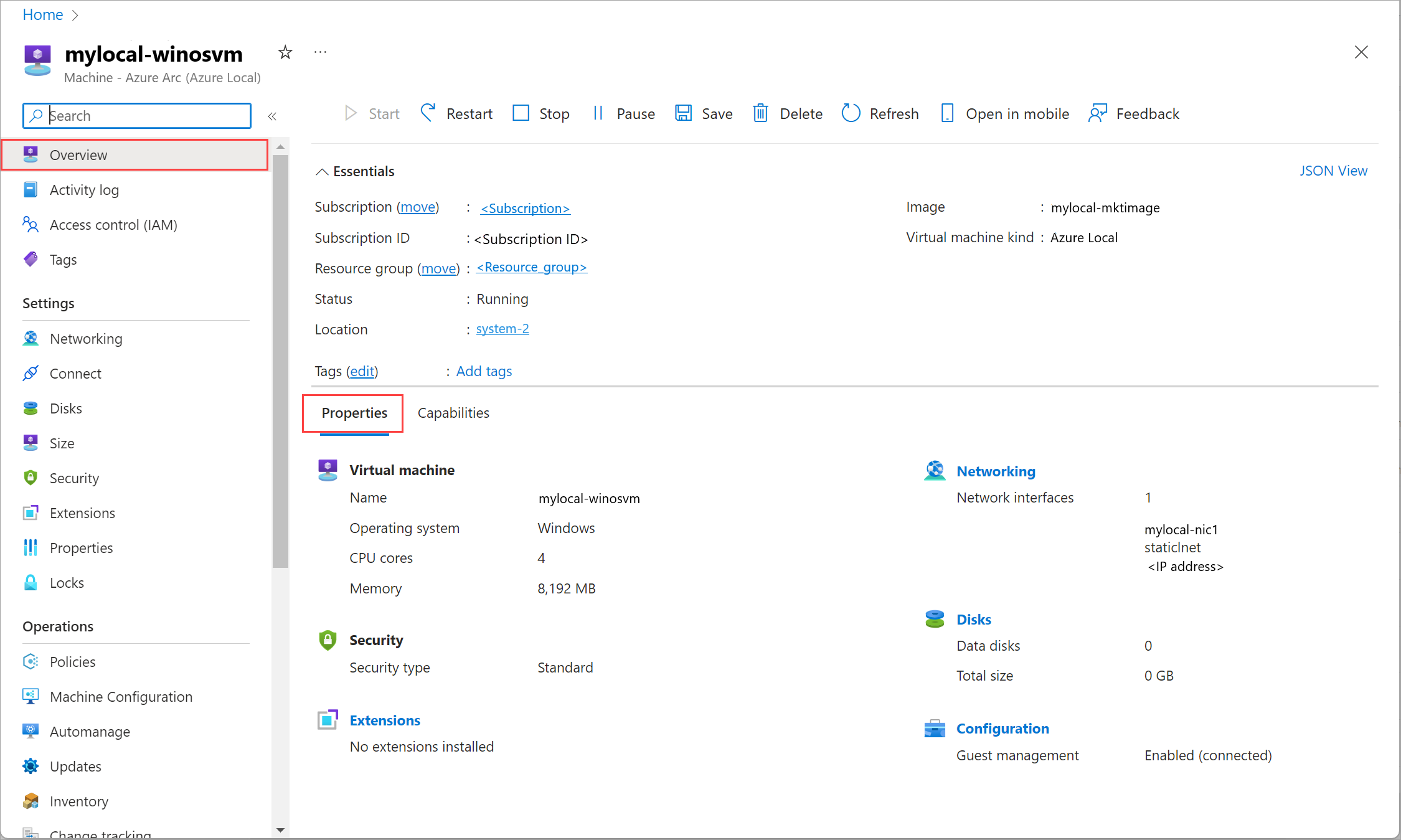 選択した Azure Arc 仮想マシンのプロパティのスクリーンショット。