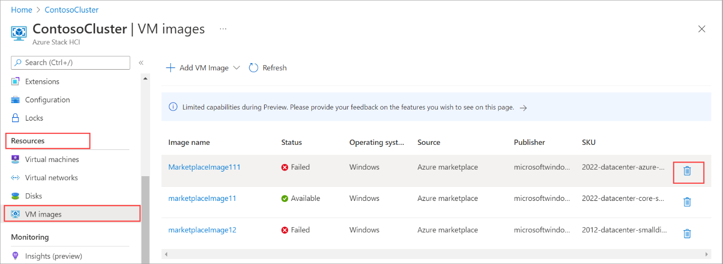 削除する VM イメージに対するごみ箱アイコンを示すスクリーンショット。