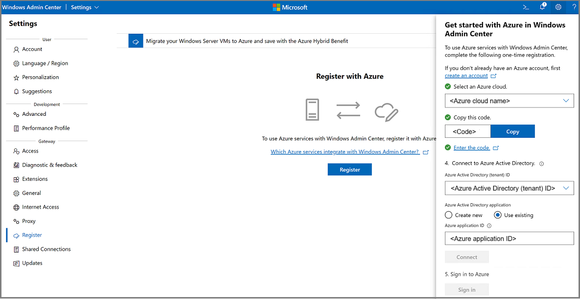既存の Microsoft Entra ID (テナント) ID とアプリケーション ID を指定するか、新しいアプリケーション ID を作成して、Microsoft Entra ID に接続します。