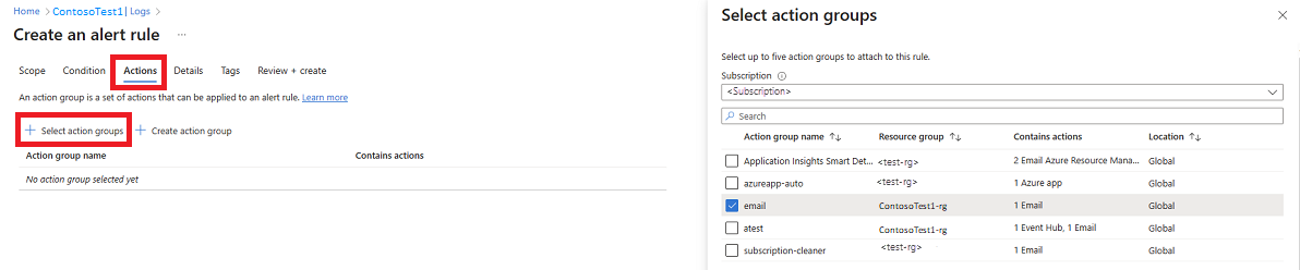 アクション グループのアクション オプションのスクリーンショット。